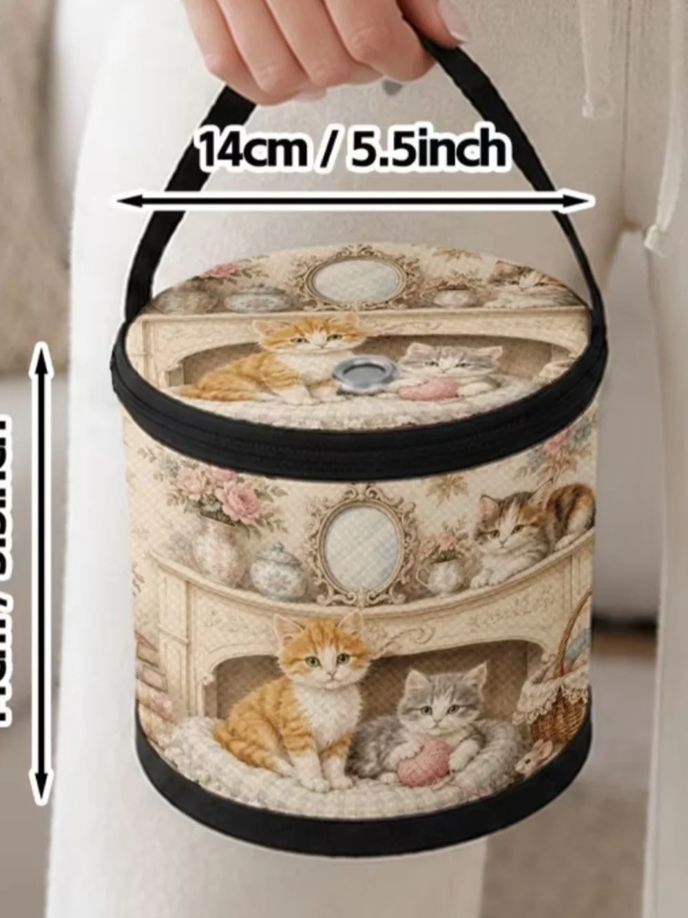 Cat-Themed Yarn Keeper Tote in Cream and Black with Handle